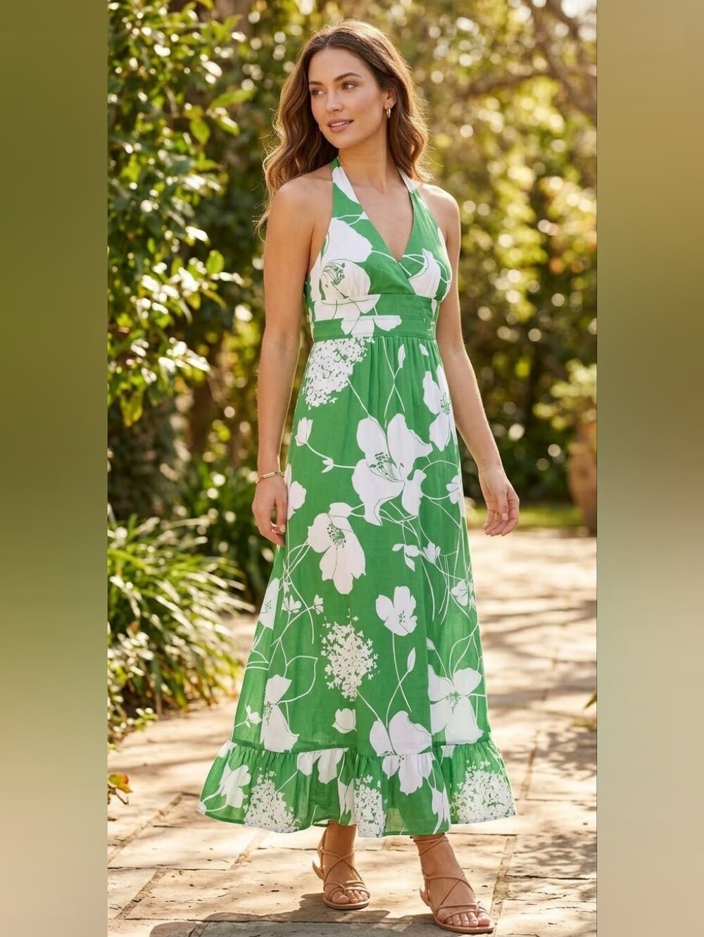 Anthropologie Odille Green Halter Maxi Dress with White Floral Print